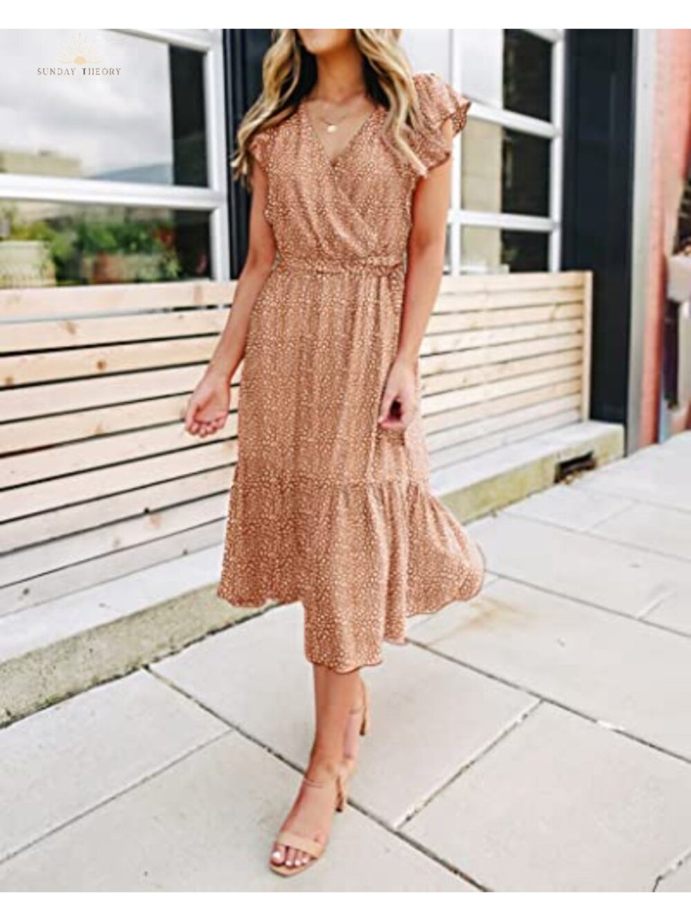 Women Summer Wrap V Neck Ruffle Cap Sleeve Belted Midi Dress - Picture 5 of 6